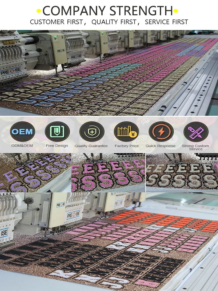 A close-up view of a production line featuring numerous rows of vintage chenille iron-on patches in various colors and design