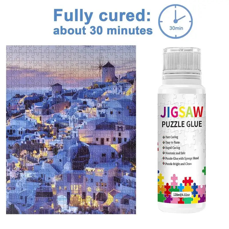 A bottle of Jigsaw Puzzle Glue for diamond painting, showing a fully cured product in a cityscape design.