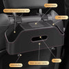 A black car back seat organizer featuring a cup holder, storage bin, and phone mount.
