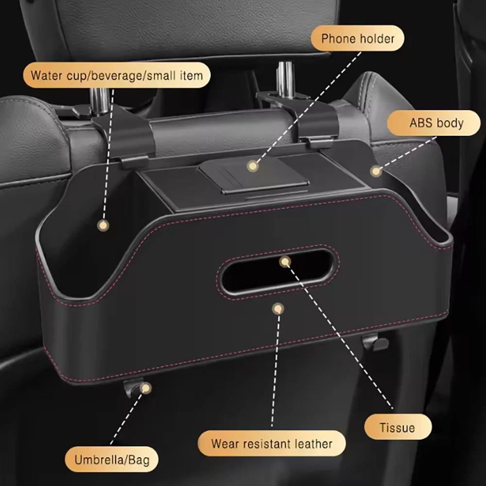 A black car back seat organizer featuring a cup holder, storage bin, and phone mount.