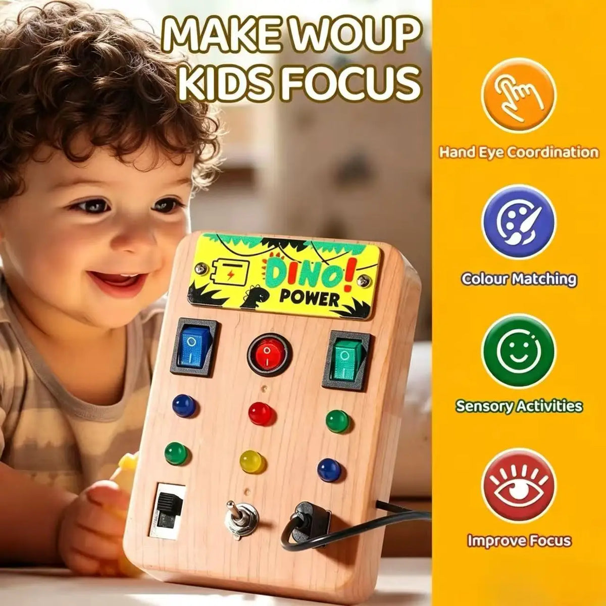 A child is interacting with a wooden busy board designed for sensory activities and focus improvement.