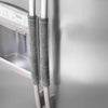 A close-up of a refrigerator handle with soft gray velvet anti-skid covers installed on the metal hardware.