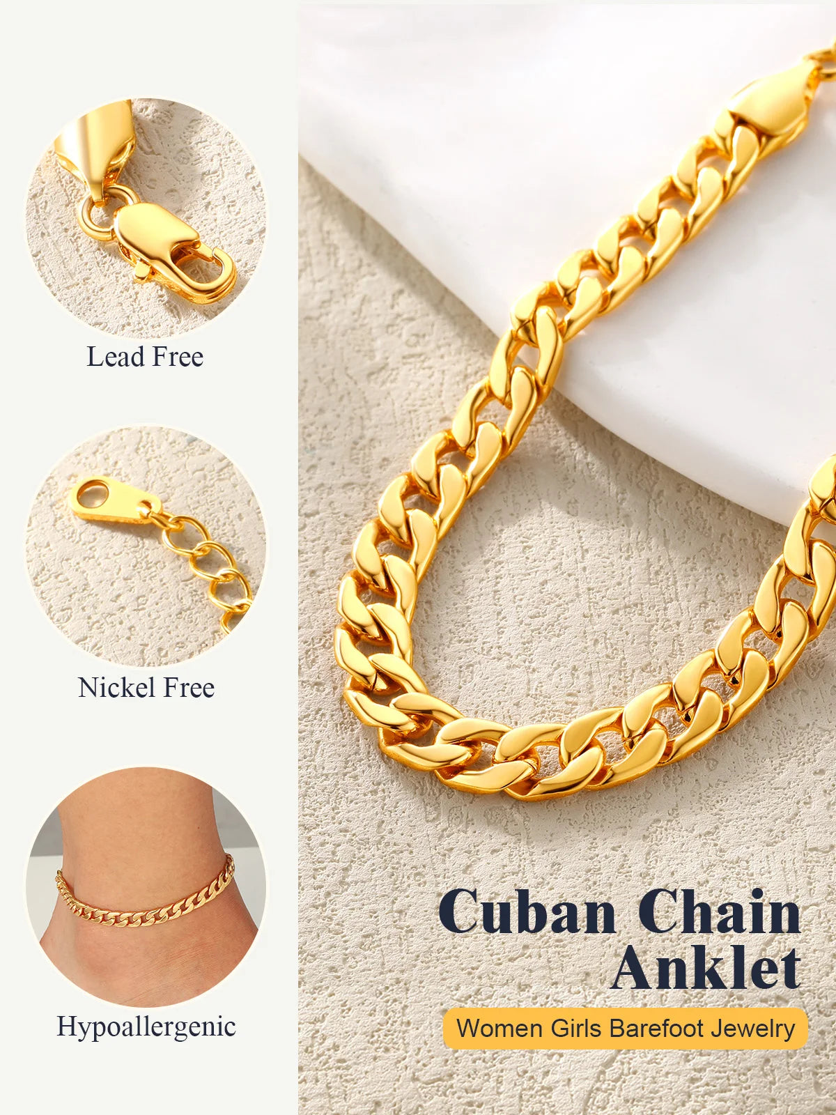 A close-up of a gold Cuban chain anklet bracelet shown next to separate components and on a wrist.