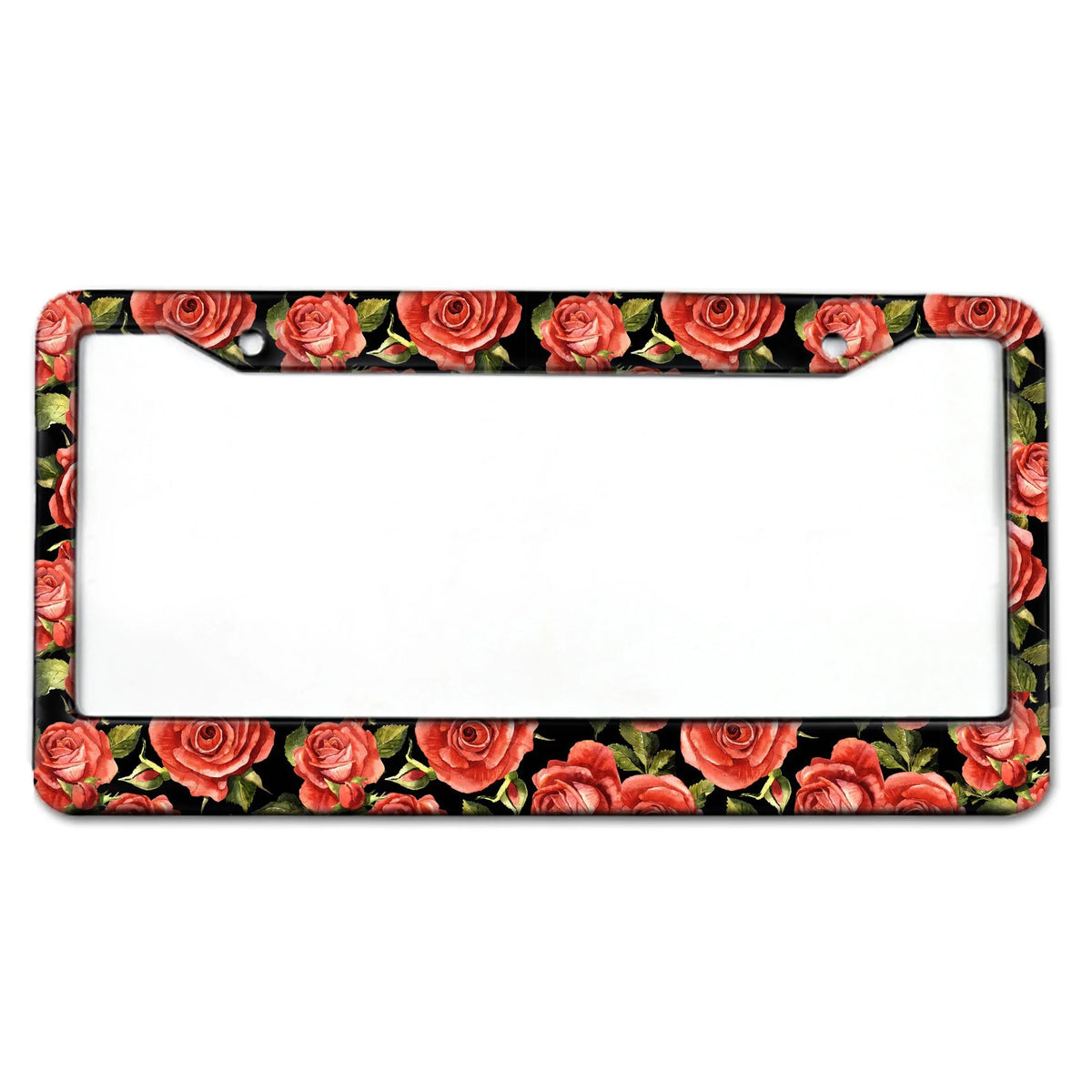 A rectangular aluminum license plate frame decorated with a floral pattern of red roses.