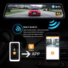 A 10-inch 4K dual-lens smart rearview mirror dash cam with WiFi and GPS is shown mounted in a car interior.
