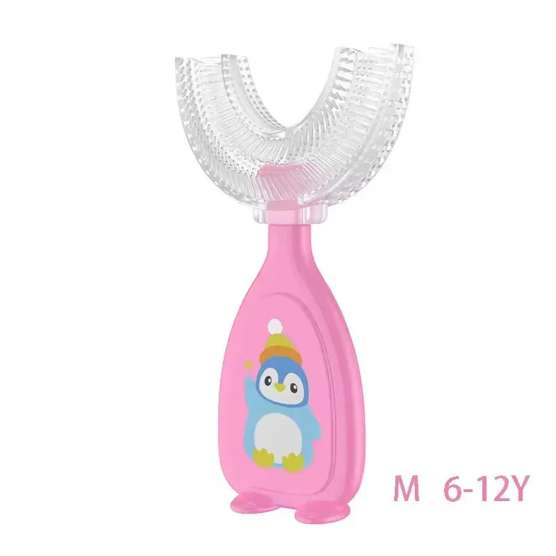 Pink U-shaped silicone toothbrush for kids with an owl design