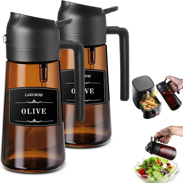 A dark glass oil dispenser bottle labeled OLIVE and a black glass oil sprayer are shown.