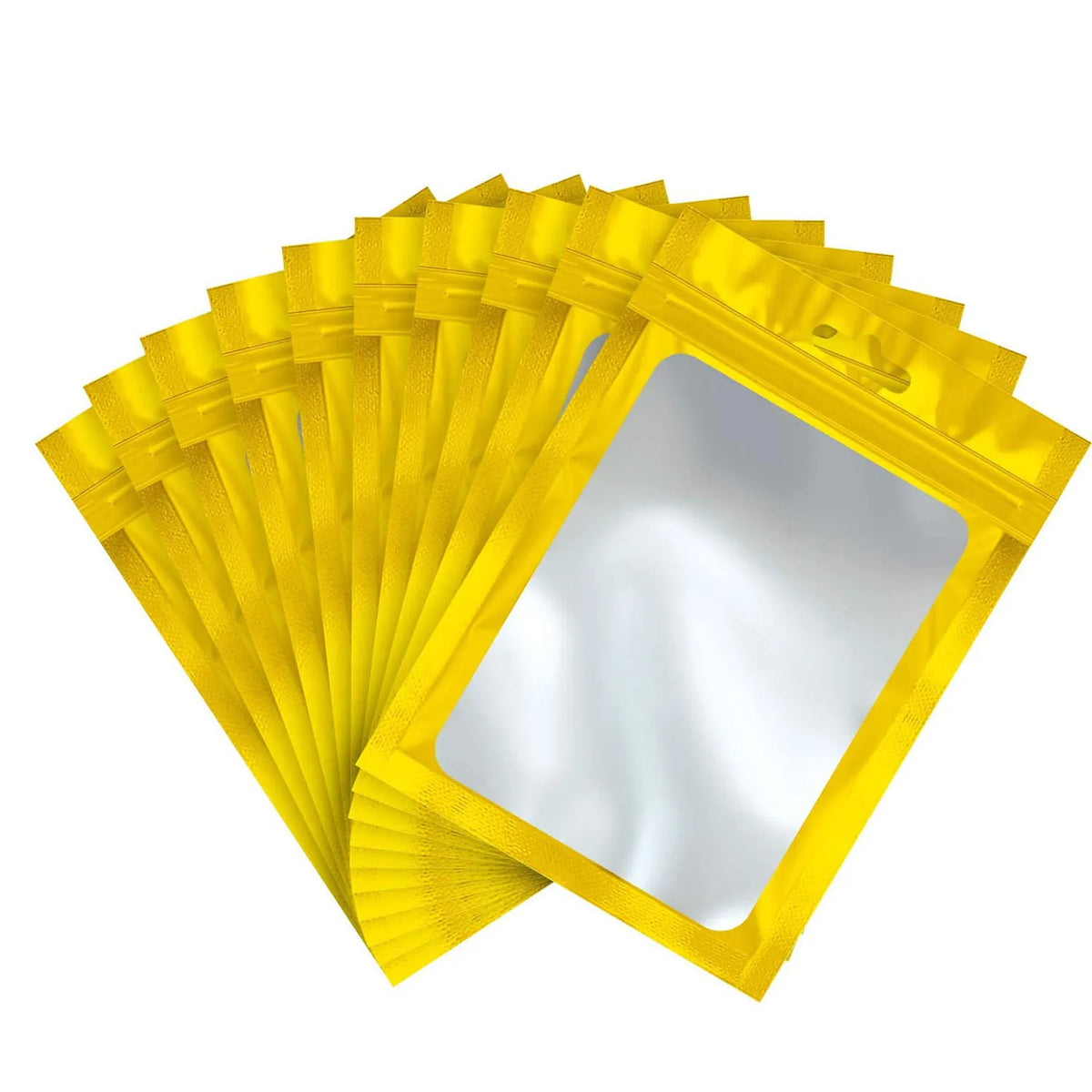 A fan of yellow colorful Mylar ziplock bags with clear windows for jewelry and small item packaging