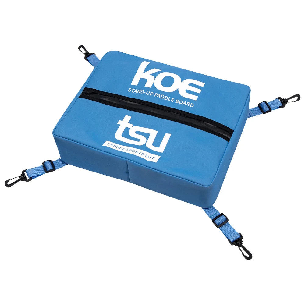 Blue paddle board deck bag with black stripe and TPU logo