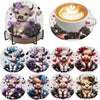 A set of DIY diamond art coasters featuring various adorable puppy designs on a metal stand.