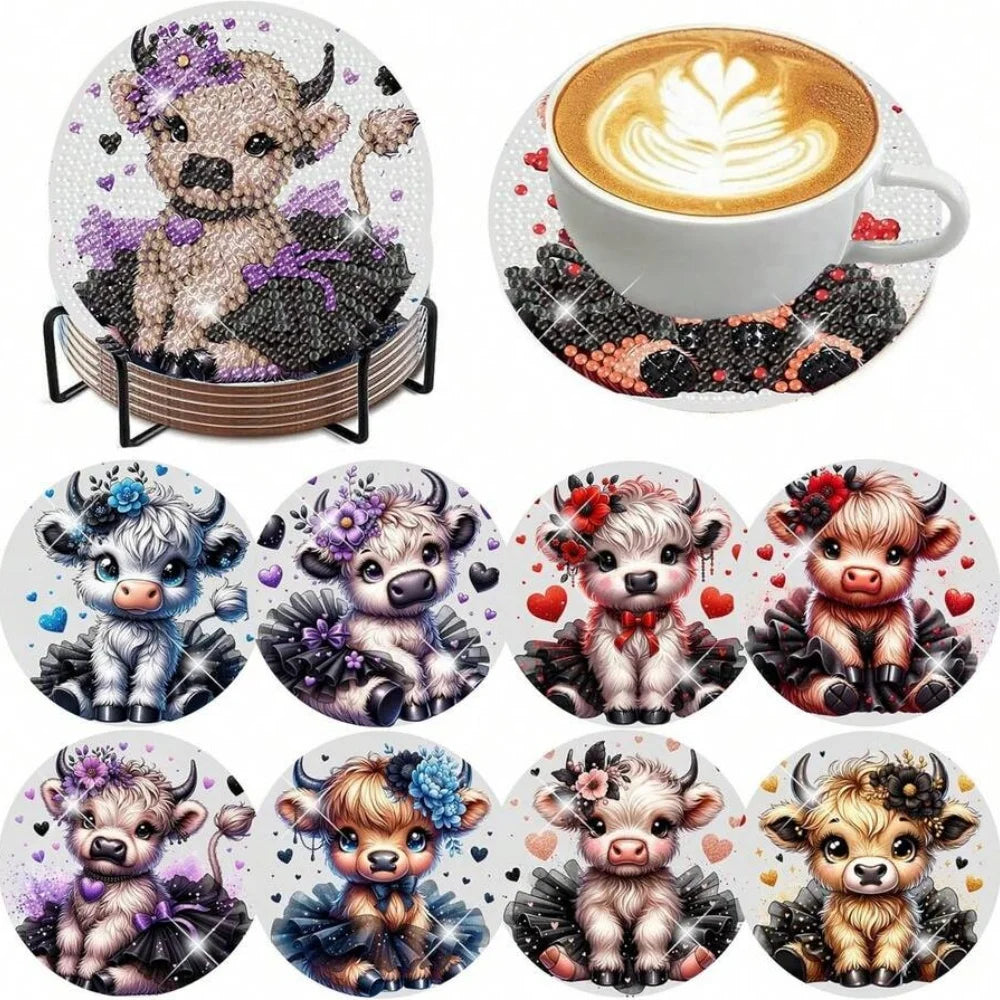 A set of DIY diamond art coasters featuring various adorable puppy designs on a metal stand.