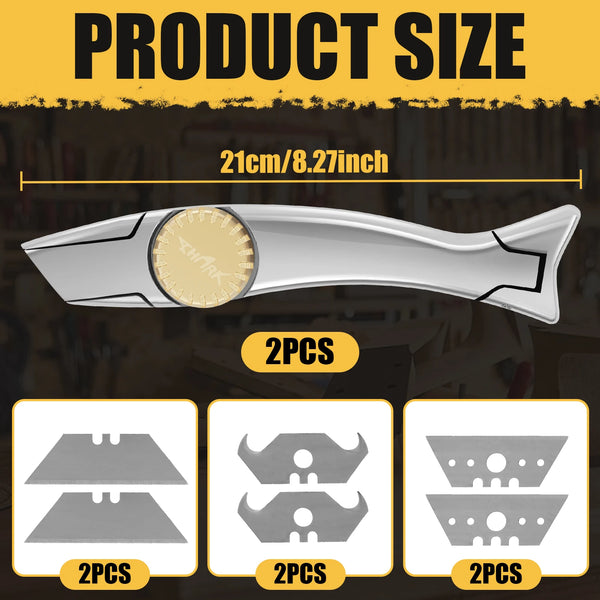 Silver heavy-duty carpet and roofing knife with a brass knob shown in various sizes.