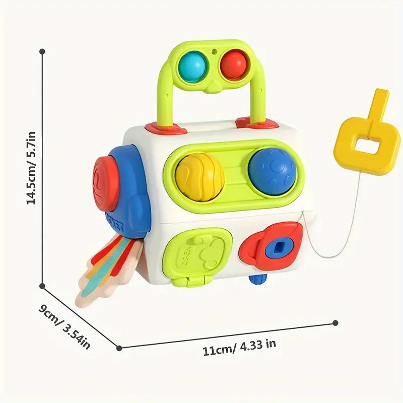 A white Montessori busy cube sensory learning toy with colorful plastic components and a yellow connector.