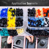 Assorted plastic push rivets for auto trim and panel fastening shown in various colors and angles.