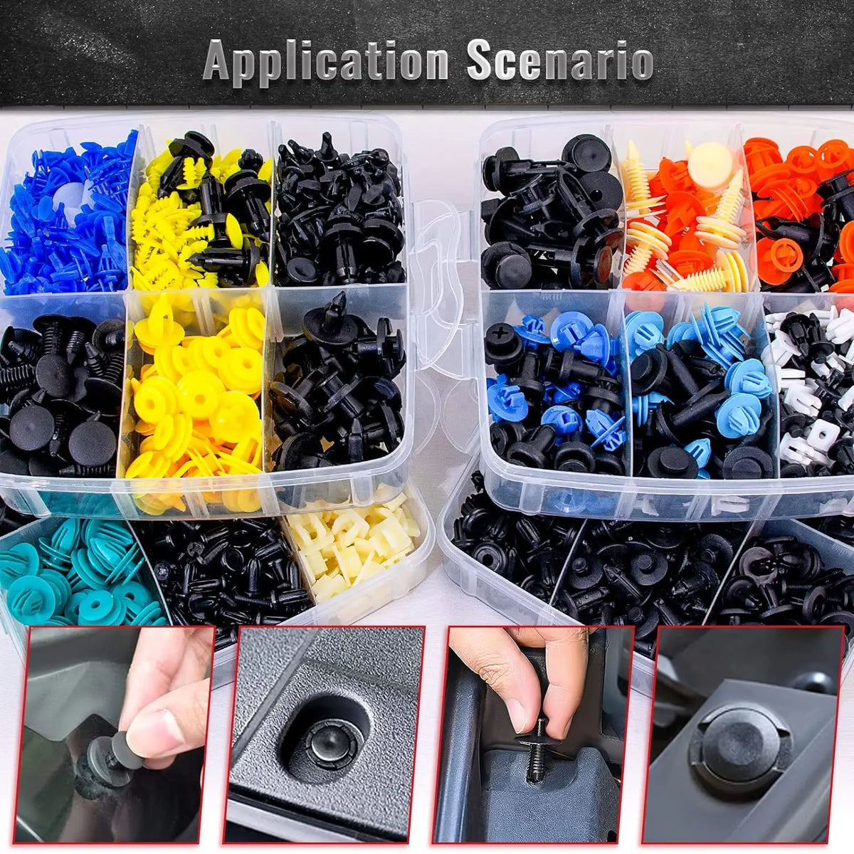 Assorted plastic push rivets for auto trim and panel fastening shown in various colors and angles.