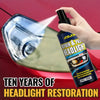 A hand sprays a car headlight with a clear liquid restoration product, demonstrating ten years of headlight restoration.