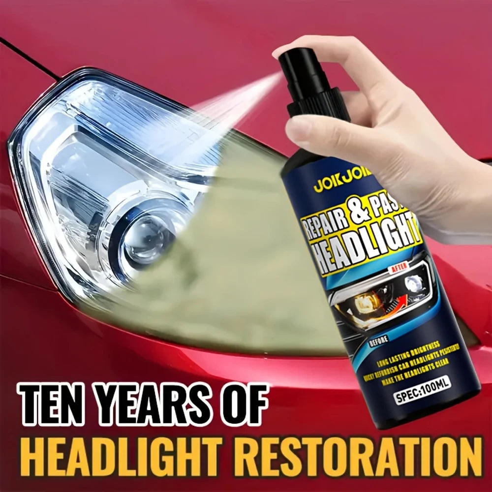A hand sprays a car headlight with a clear liquid restoration product, demonstrating ten years of headlight restoration.