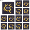A set of ten black iron-on patches featuring a yellow rock skull design with the word KINO embroidered on them.