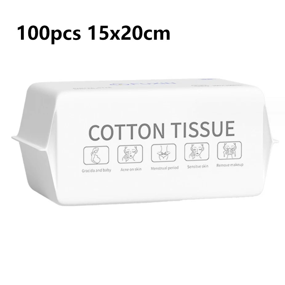 Paquete de 100 toallitas limpiadoras faciales de pañuelo de algodón.