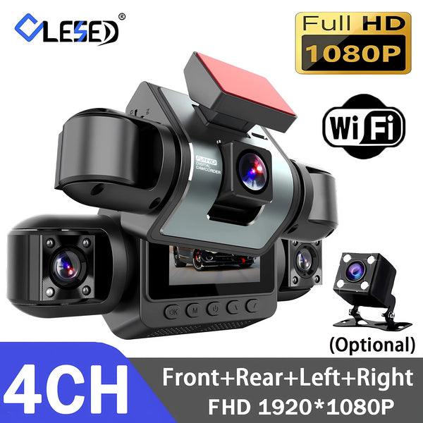 A black 4-channel Full HD dash cam with front and rear cameras, featuring WiFi connectivity.