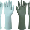 Four pairs of light blue and gray reusable non-slip rubber dishwashing gloves shown from the palm view.