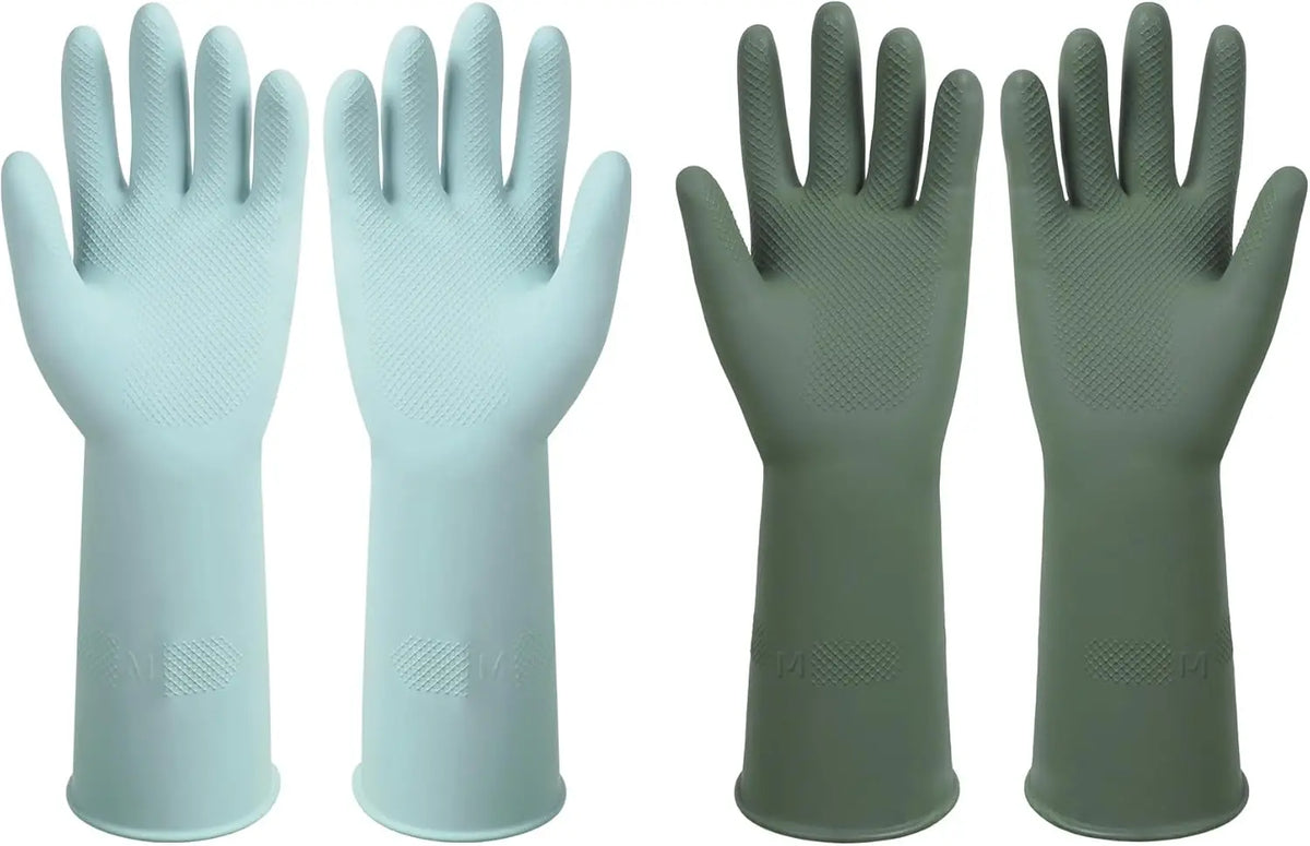Four pairs of light blue and gray reusable non-slip rubber dishwashing gloves shown from the palm view.