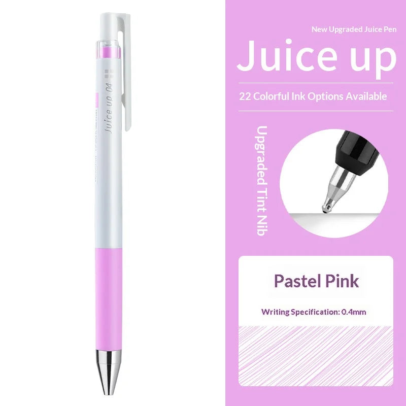 Ein weißer und pinker Pilot Juice Up Gelstift neben Marketingtext für das Produkt.