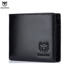Black genuine leather RFID blocking bifold wallet for men with a silver bull head design