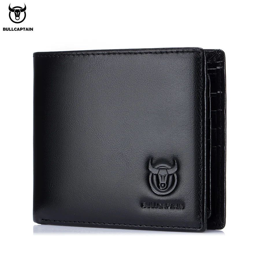 Black genuine leather RFID blocking bifold wallet for men with a silver bull head design