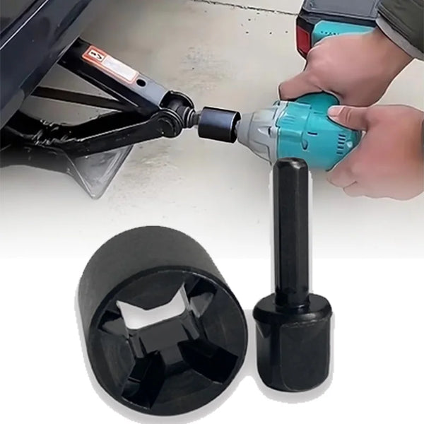 A hand is using a heavy-duty drill adapter to operate a trailer jack.