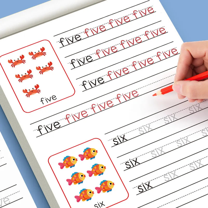 A close-up view of a handwriting practice workbook showing tracing lines for the numbers five and six.