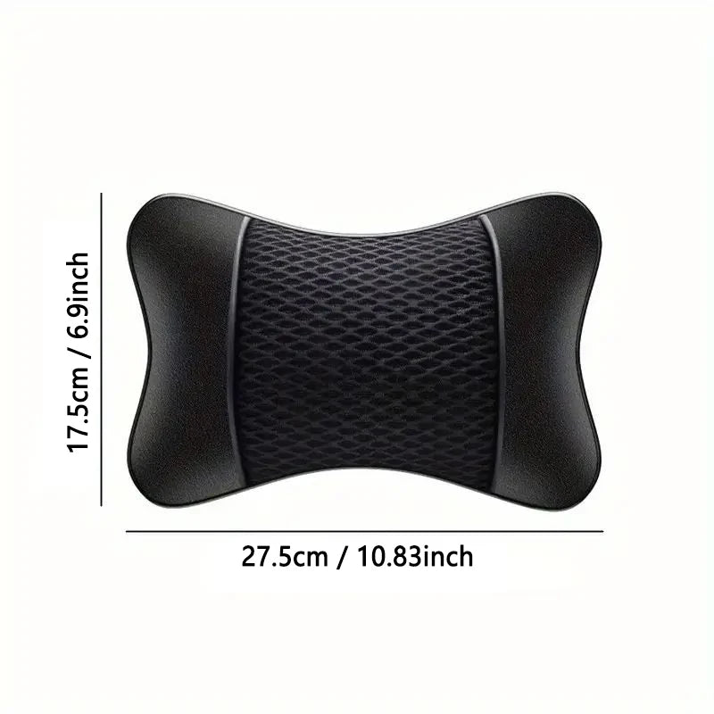 Black universal car headrest neck support cushion shown flat with dimensions 17.5cm x 27.5cm
