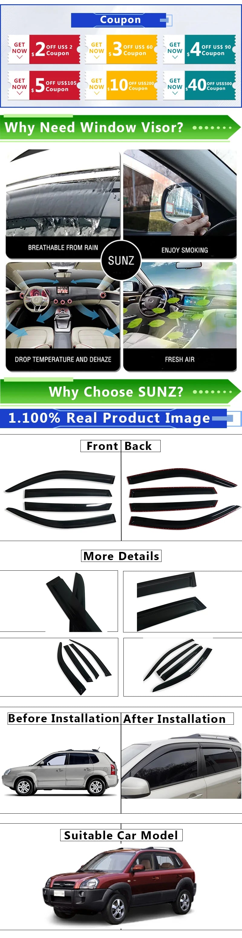 A set of four black side window deflectors installed on a silver Hyundai Tucson vehicle.