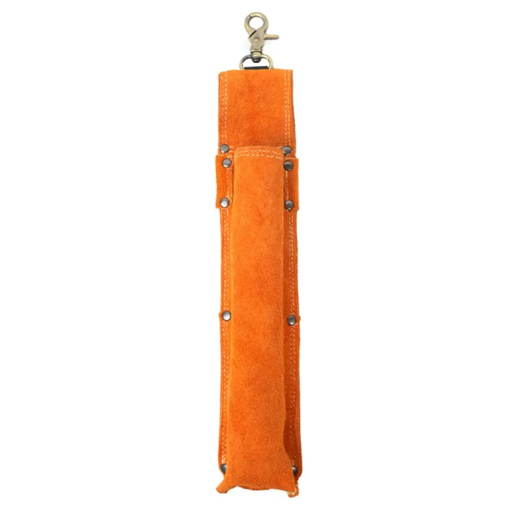 Orange heavy-duty cowhide welding rod storage bag with a metal hanging hook