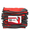 A stack of ten pairs of red and gray latex coated work gloves.