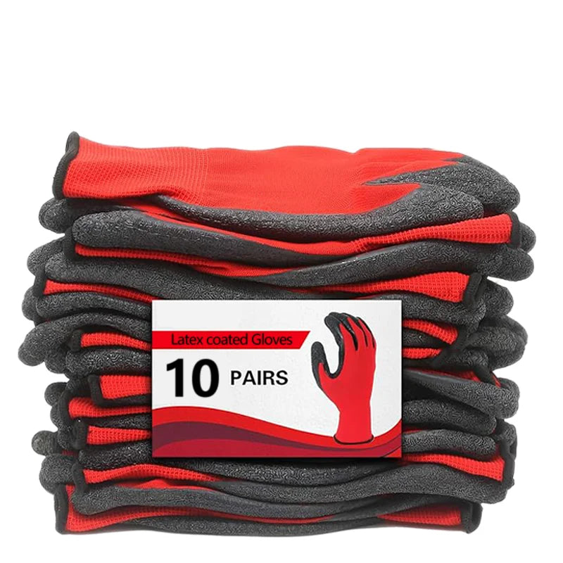 A stack of ten pairs of red and gray latex coated work gloves.
