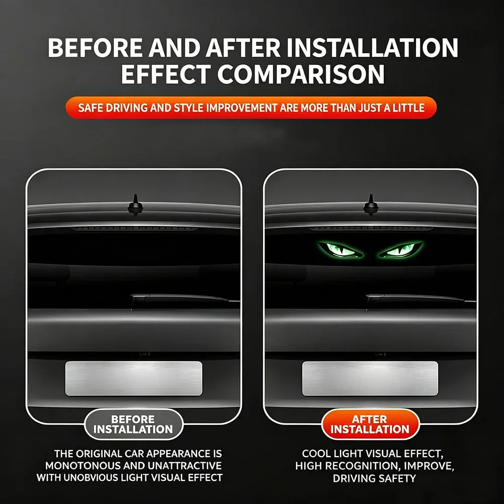 Before and after comparison showing the effect of a light installation on a car's rear window.