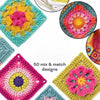 A collection of colorful crochet square pattern cards featuring mix and match floral designs.
