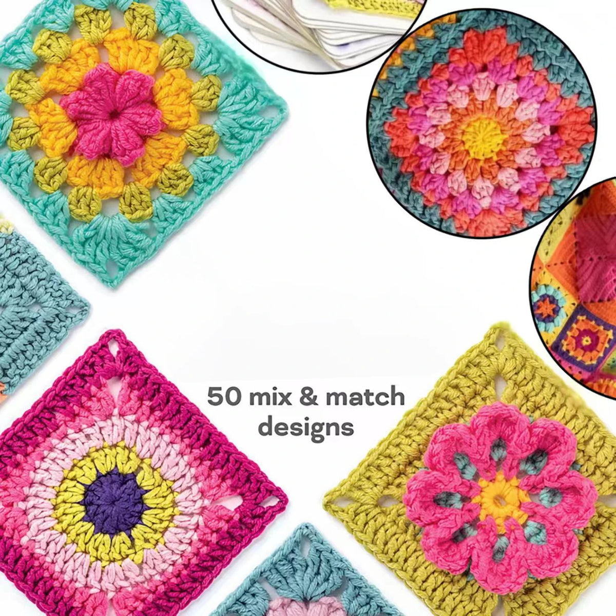 A collection of colorful crochet square pattern cards featuring mix and match floral designs.