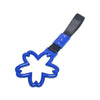 Blue and black tow strap with a cherry blossom shaped hook for towing.