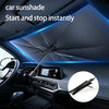 A car sunshade umbrella is shown deployed in a car interior, demonstrating its instant start and stop feature.