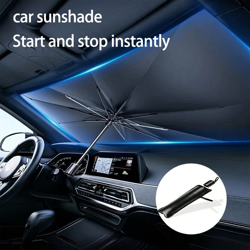 A car sunshade umbrella is shown deployed in a car interior, demonstrating its instant start and stop feature.