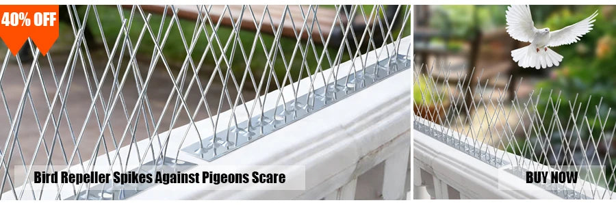 Bird repeller spikes against pigeons scare shown on a white railing.