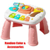 A pink baby interactive activity table with colorful accessories like a piano and steering wheel.