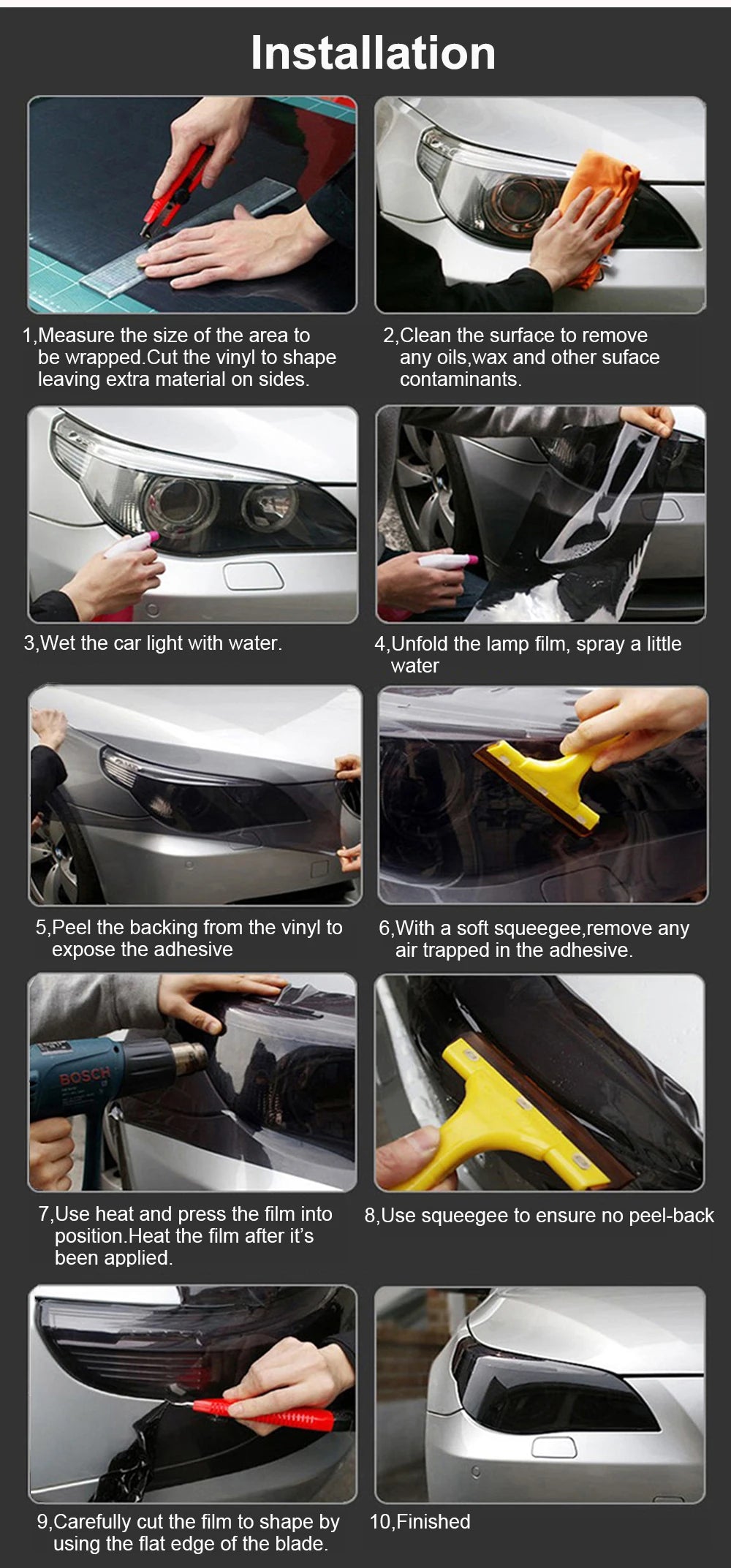 Step-by-step instructions showing how to install a matte smoke headlight and taillight tint vinyl wrap film on a car.