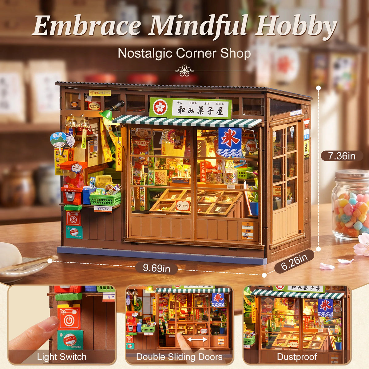 A wooden nostalgic corner shop DIY kit featuring double sliding doors and a light switch.