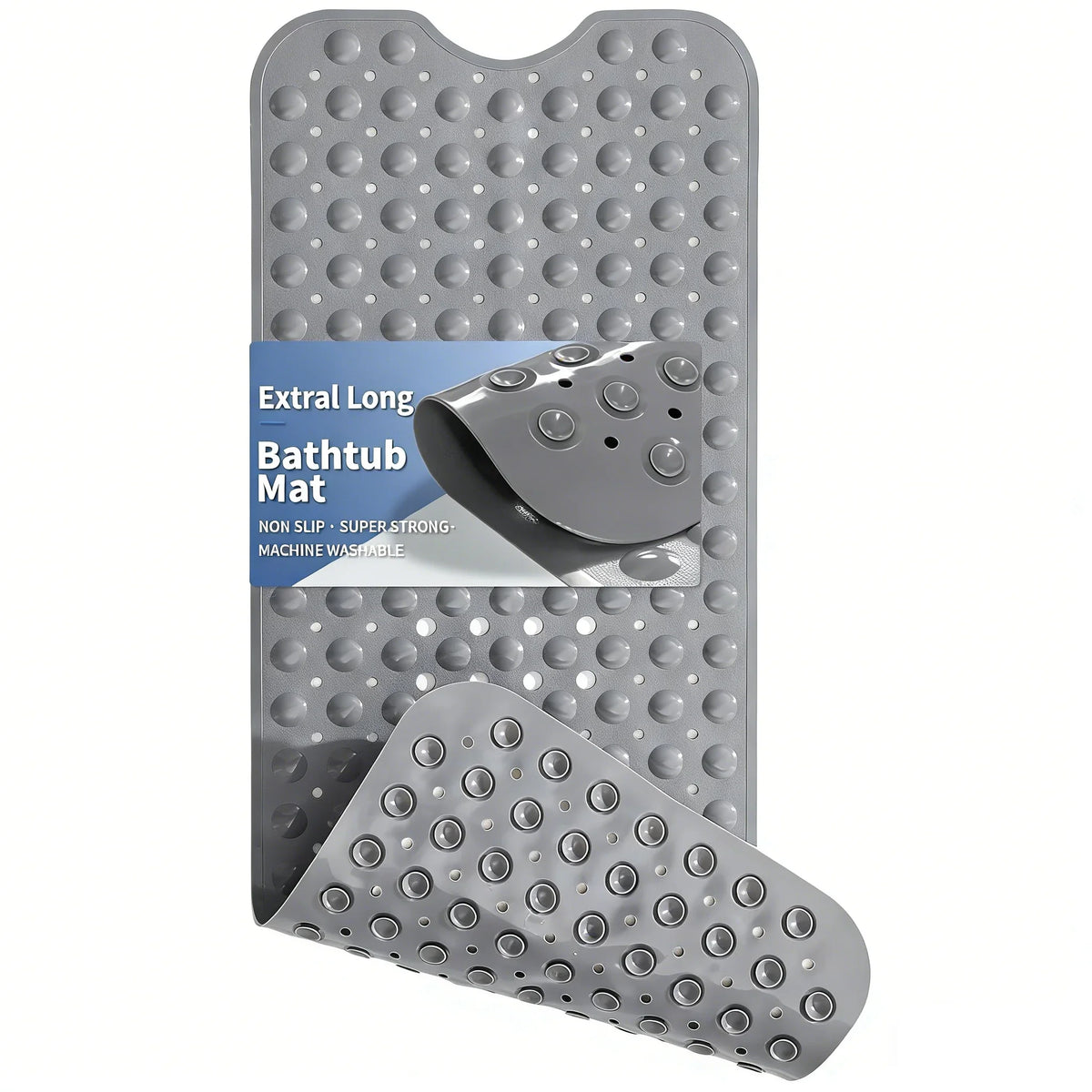 A gray extra long non-slip bathtub mat with suction cups and drain holes.