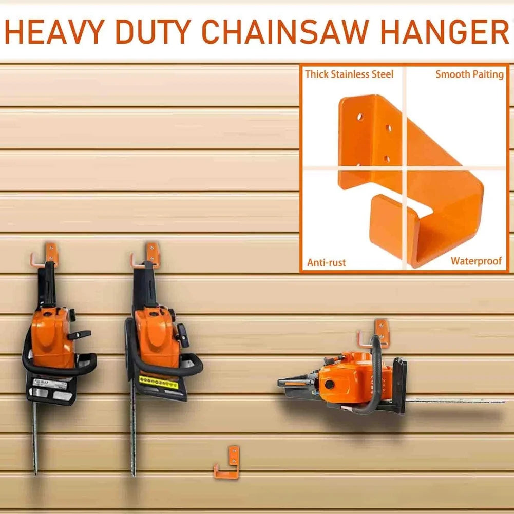 Orange heavy duty stainless steel hanger for wall mounting a chainsaw.