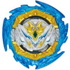 A blue and gold battle spinning top with a clear center design.