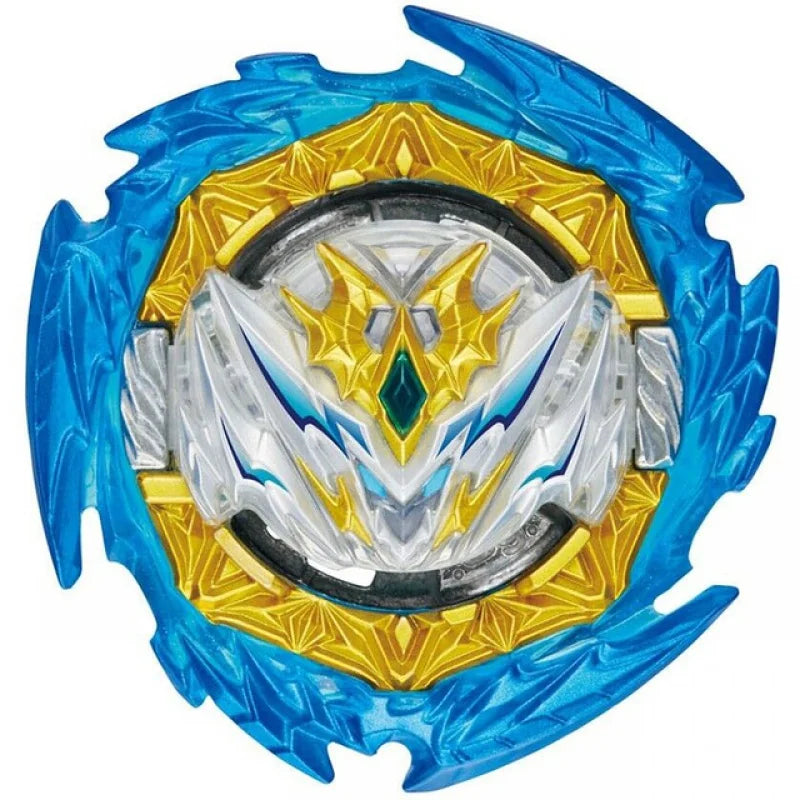A blue and gold battle spinning top with a clear center design.